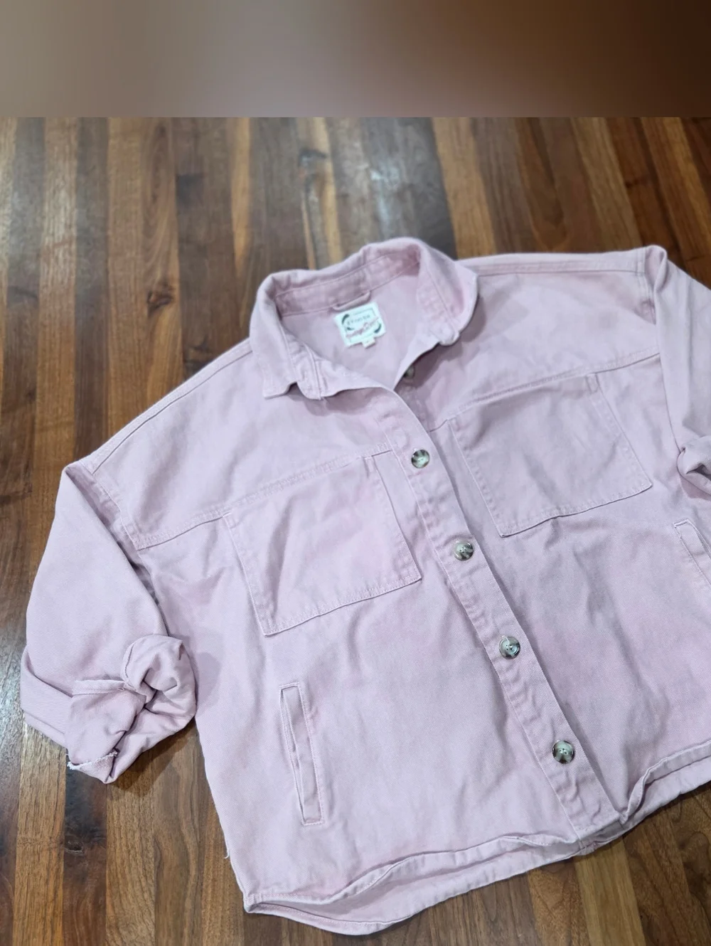 Stoosh Womens Cropped Jacket Pink Button Front Utility Shacket Short Sleeve Boxy
